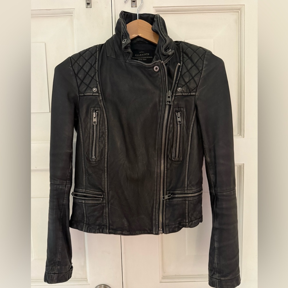 All Saints Quilted Black Leather Jacket